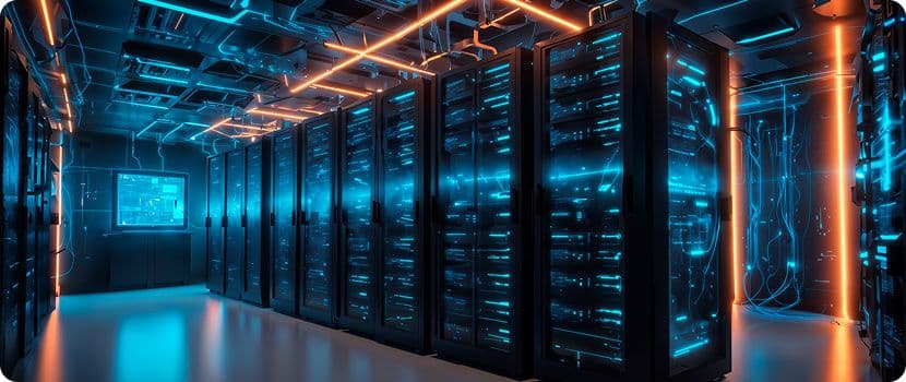 A futuristic server room with rows of glowing blue and orange racks, emitting vibrant light.