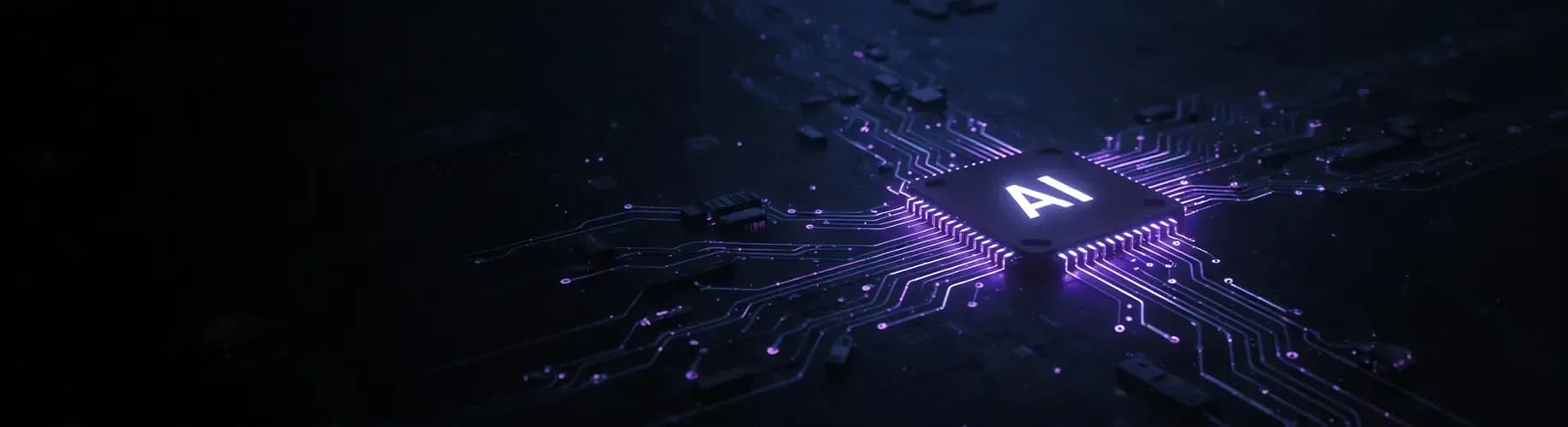 A glowing purple AI microchip on a dark circuit board, symbolizing artificial intelligence technology.